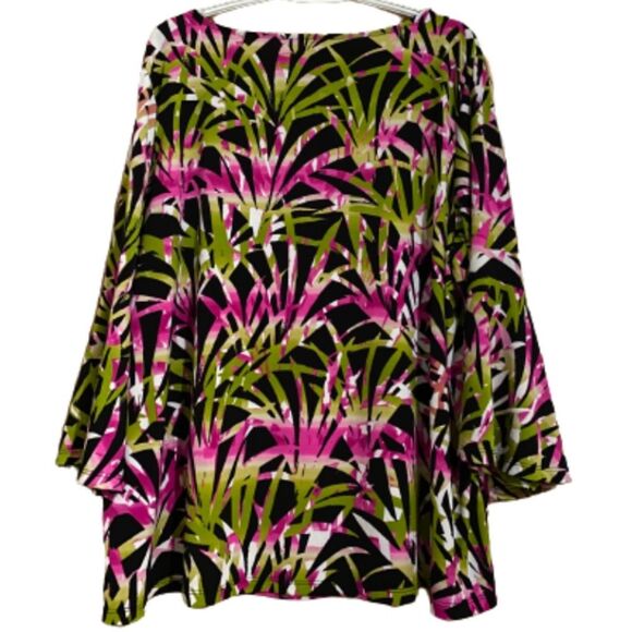 KASPER WOMEN’s VIBRANT MULTI TROPICAL LEAVES PRINT w/ 3/4 BELL SLEEVES TUNIC TOP - Picture 3 of 6